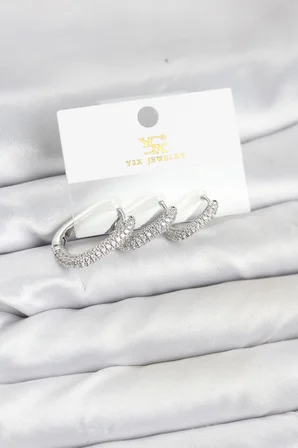 Pirinç Gümüş Renk Zirkon Taşlı Halka Model YSX Trio Küpe Seti