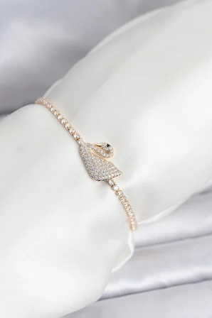 Kuğu Model Zirkon Taşlı Gold Renk Asansörlü Su Yolu Bileklik