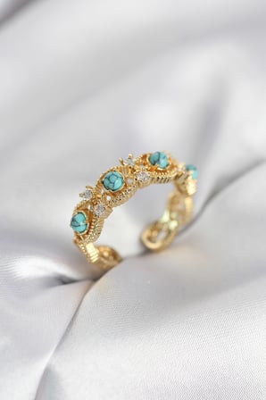 Mavi Taşlı Gold Renk Vintage Kadın Yüzük