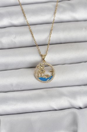 316L Çelik Zincir Gold Renk Zirkon Taşlı Deniz Temalı Kadın Kolye