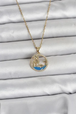 316L Çelik Zincir Gold Renk Zirkon Taşlı Deniz Temalı Kadın Kolye