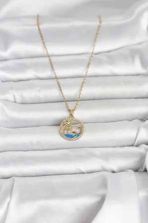 316L Çelik Zincir Gold Renk Zirkon Taşlı Deniz Temalı Kadın Kolye