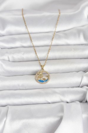 316L Çelik Zincir Gold Renk Zirkon Taşlı Deniz Temalı Kadın Kolye