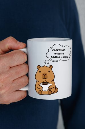 Caffeine Because Adulting is Hard Yazılı Kupa Model 207 Komik Tasarım Seramik Kahve Kupası Hediye Seçeneği