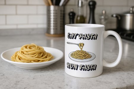 Eat Pasta Run Fasta Yazılı Kupa Model 209 Makarna Temalı Komik Tasarım Seramik Kahve Kupası