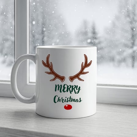 Merry Christmas Yazılı Geyik Boynuzlu Yılbaşı Kupası Model 212 Baskılı Seramik Kahve Kupası