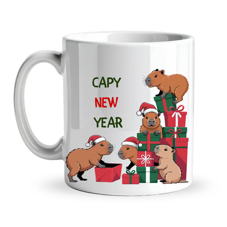 Capy New Year Yazılı Kapibara Yılbaşı Temalı Kupa Model 218 Baskılı Seramik Kahve Kupası