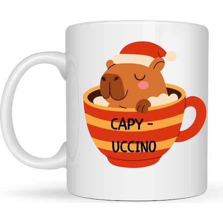 Capyccino Kapibara Tasarımlı Kupa Model 219 Yılbaşı Temalı Baskılı Seramik Kahve Kupası