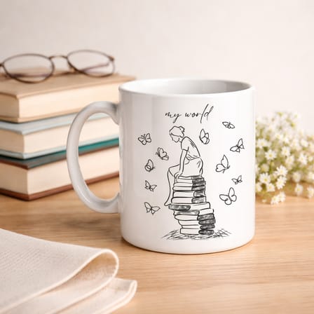 My World Kitap Temalı Tasarım Kupa Model 225 Minimal Baskılı Seramik Kahve Kupası