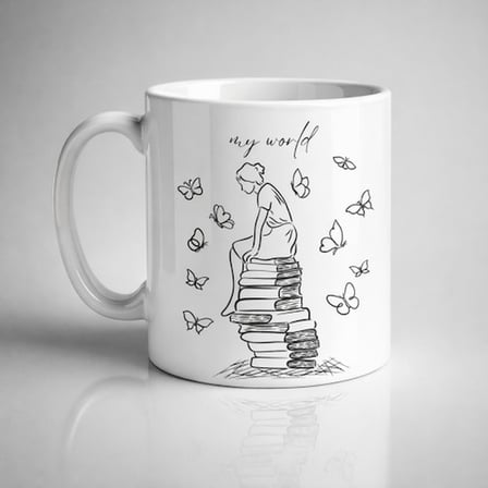 My World Kitap Temalı Tasarım Kupa Model 225 Minimal Baskılı Seramik Kahve Kupası