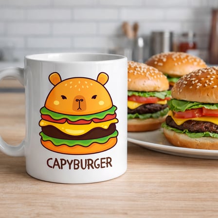 Capyburger Tasarım Kupa Model 230 Sevimli Kapibara Burger Baskılı Seramik Kahve Kupası