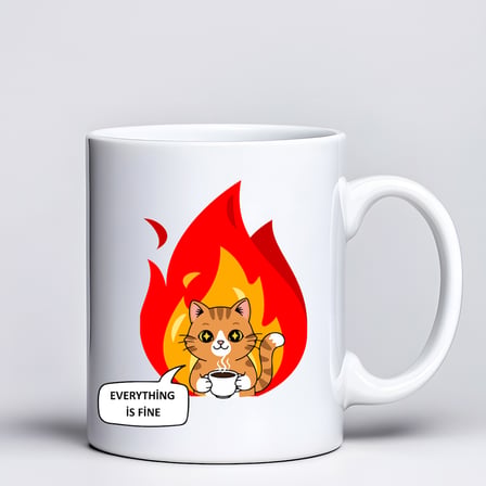 Everything Is Fine Yazılı Kedi Tasarımlı Kupa Model 234 Mizahi Baskılı Seramik Kahve Kupası