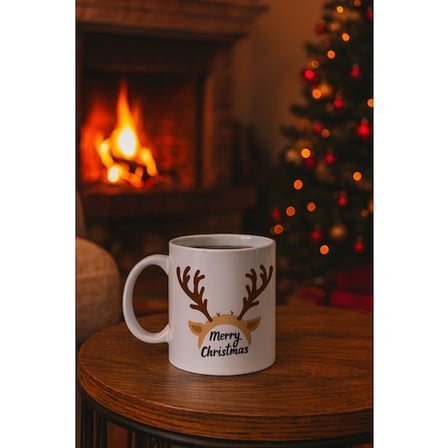 Merry Christmas Geyik Boynuzu Tasarımlı Kupa Model 235 Yılbaşı Temalı Seramik Kahve Kupası
