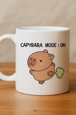 Capybara Mode On Yazılı Komik Tasarım Kupa Model 238 Sevimli Baskılı Seramik Kahve Kupası