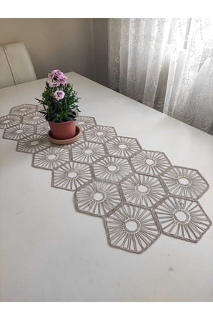 Fransız Dantel Detaylı Tek Runner, Masa Üzerine Runner, Masa Örtüsü Runneri Kahve