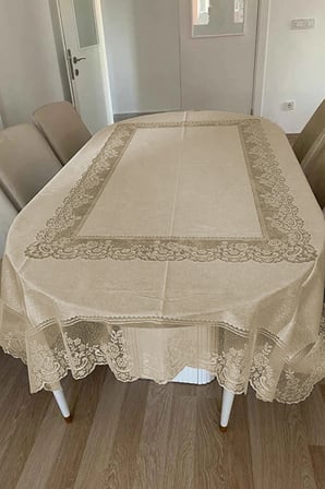 Desenli Dertsiz Örme Leke Tutmaz Dantelli Masa Örtüsü, Çini Desen Masa Örtüsü - Kahve