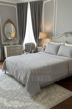 GRİ YATAK ÖRTÜSÜ DANTELLİ