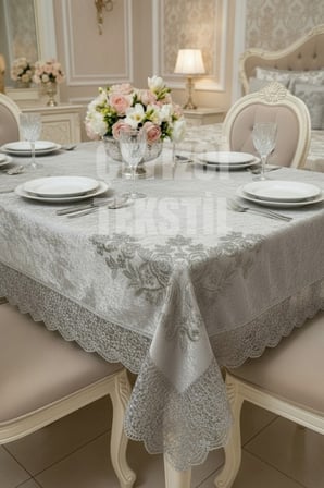 Kadife Tek Masa Örtüsü 160x220cm - Dantelli Yemek Masası Örtüsü 160x220cm Tek Masa