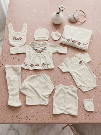 Baby Zuhu %100 Pamuk Nakışlı 10'lu Hastane Çıkışı Seti - Yenidoğan Bebek Takımı 0-3 Ay