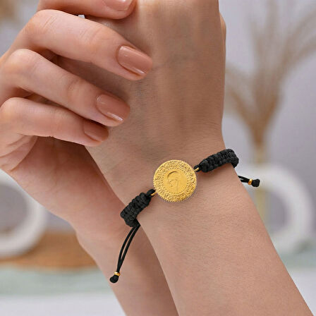 Gekas Kuyumculuk 22 Ayar Yeni Yarım Altın Siyah Renkli İpli Bileklik