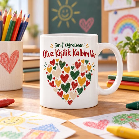Sınıf Öğretmeni: Otuz Kişilik Kalbim Var Tasarımlı Porselen Kupa - Model 410
