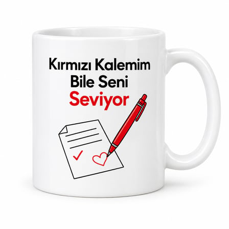 Kırmızı Kalemim Bile Seni Seviyor Tasarımlı Porselen Kupa - Model 392