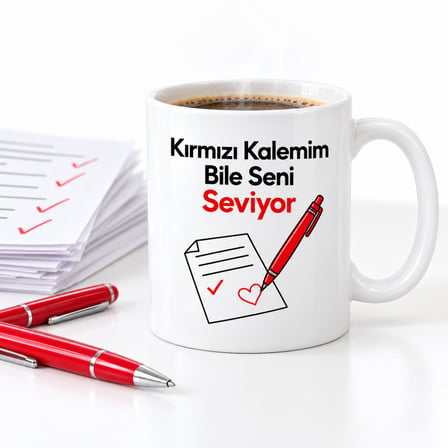 Kırmızı Kalemim Bile Seni Seviyor Tasarımlı Porselen Kupa - Model 392