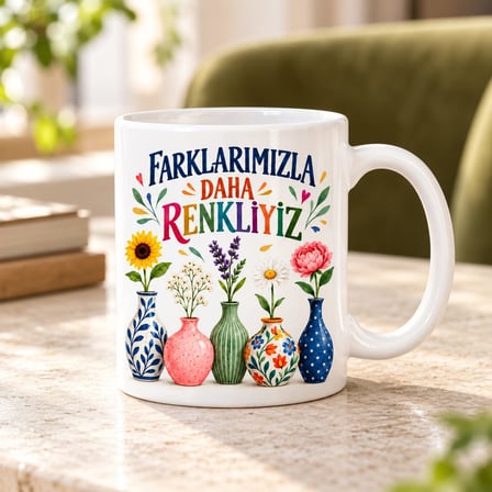 Birlikte Renkliyiz Tasarımlı Porselen Kupa - Model 886