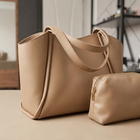 Bej Yumuşak Deri Omuz Çantası 31X24 Cm Ekstra Makyaj Çantalı Günlük Kadın Çanta