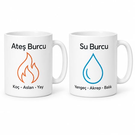 Ateş Burcu Su Burcu 2'Li Porselen Kupa Seti - Model 408