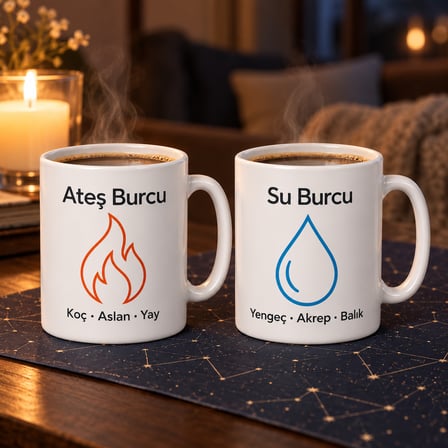 Ateş Burcu Su Burcu 2'Li Porselen Kupa Seti - Model 408
