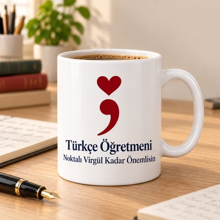 Türkçe Öğretmeni Noktalı Virgül Tasarımlı Porselen Kupa - Model 390