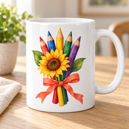 Kalem Buketi Ayçiçeği Tasarımlı Porselen Kupa - Model 284