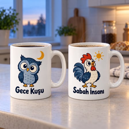 Gece Kuşu Sabah İnsanı 2'Li Porselen Kupa Seti - Model 383