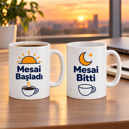 Mesai Başladı / Mesai Bitti 2'Li Porselen Kupa Seti - Model 384