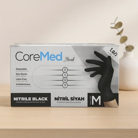 Nitril Muayene Eldiveni Siyah M Pudrasız 100'Lü