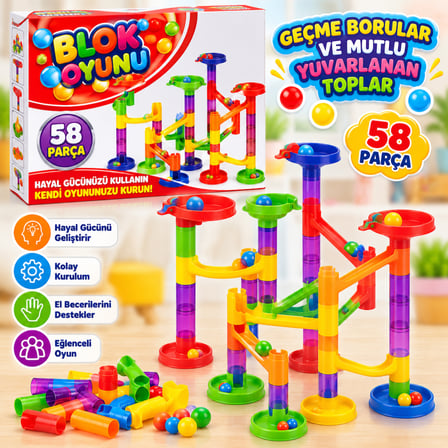 8009 Blok Oyunu 58 Parça Eği̇ti̇ci̇ Oyuncak Borular