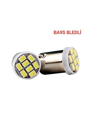 Ba9s Led Uyumlu  Ampul Soket Tipi Ba9s Tırnaklı 8 Ledli Beyaz 12v 2ad Mini Boy