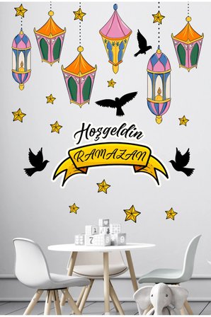 Hoşgeldin Ramazan Renkli Fener Sarkıt Kuşlar Dekoratif Cam Duvar Sticker Seti
