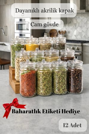 Etiketli 12 Adet Kapağı Kulplu Ve Vakumlu Baharat Takımı