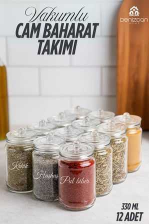 Etiketli 12 Adet Kapağı Kulplu Ve Vakumlu Baharat Takımı