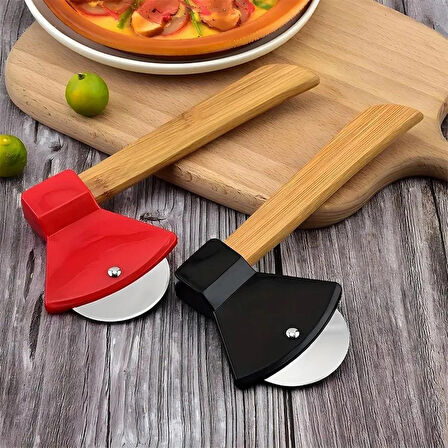 1 Ad. Pizza Kesici Tekerleği Balta Şekil Paslanmaz Çelik, Bambu Saplı Kesici Kurabiye, Kek, Ekmek