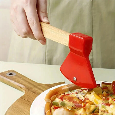 1 Ad. Pizza Kesici Tekerleği Balta Şekil Paslanmaz Çelik, Bambu Saplı Kesici Kurabiye, Kek, Ekmek
