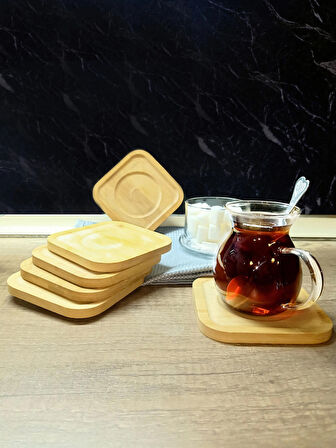 6 Adet Bambu Kare Çay Tabağı, Çay Bardağı Altlığı, Estetik Sunum Sunumluk, Doğal Malzeme