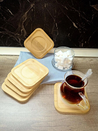 6 Adet Bambu Kare Çay Tabağı, Çay Bardağı Altlığı, Estetik Sunum Sunumluk, Doğal Malzeme