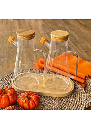 2'li Bambu Kapaklı Ahşap Standlı Camlı Yağdanlık & Sirkelik & Zeytinyağı Şisesi 900 ml 3lü Set