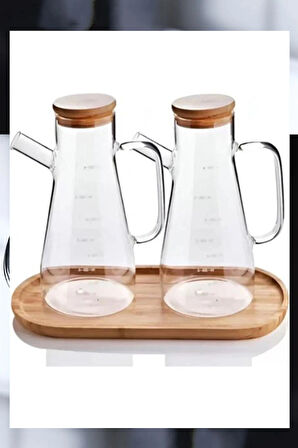 2'li Bambu Kapaklı Ahşap Standlı Camlı Yağdanlık & Sirkelik & Zeytinyağı Şisesi 900 ml 3lü Set