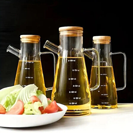 2'li Bambu Kapaklı Ahşap Standlı Camlı Yağdanlık & Sirkelik & Zeytinyağı Şisesi 900 ml 3lü Set
