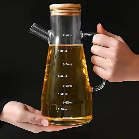 2'li Bambu Kapaklı Ahşap Standlı Camlı Yağdanlık & Sirkelik & Zeytinyağı Şisesi 900 ml 3lü Set