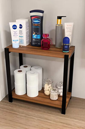 2 Katlı Ahşap ve Metal Banyo Düzenleyici Raf, Lavabo – Çamaşır Makinesi Üstü Çok Amaçlı Organizer